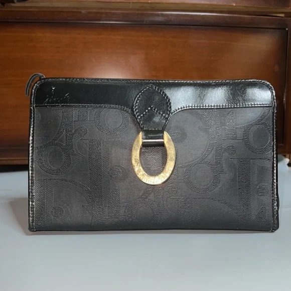 CHRISTIAN DIOR VINTAGE BLACK MONOGRAM CANVAS CLUTCH - Picture 1 of 16